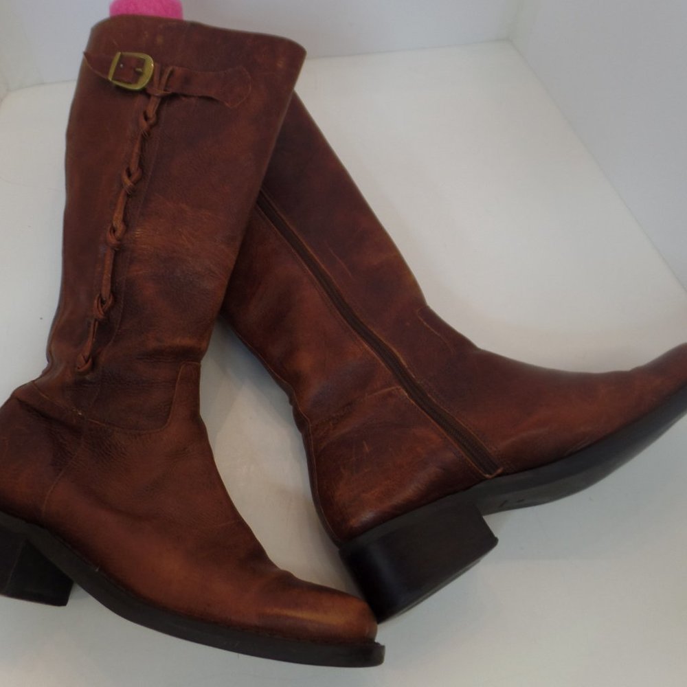 Brown Leather Zip Up Boots W Braided Trim & Buckle With Character Sz 9  #6436398 - Picture 3 of 16